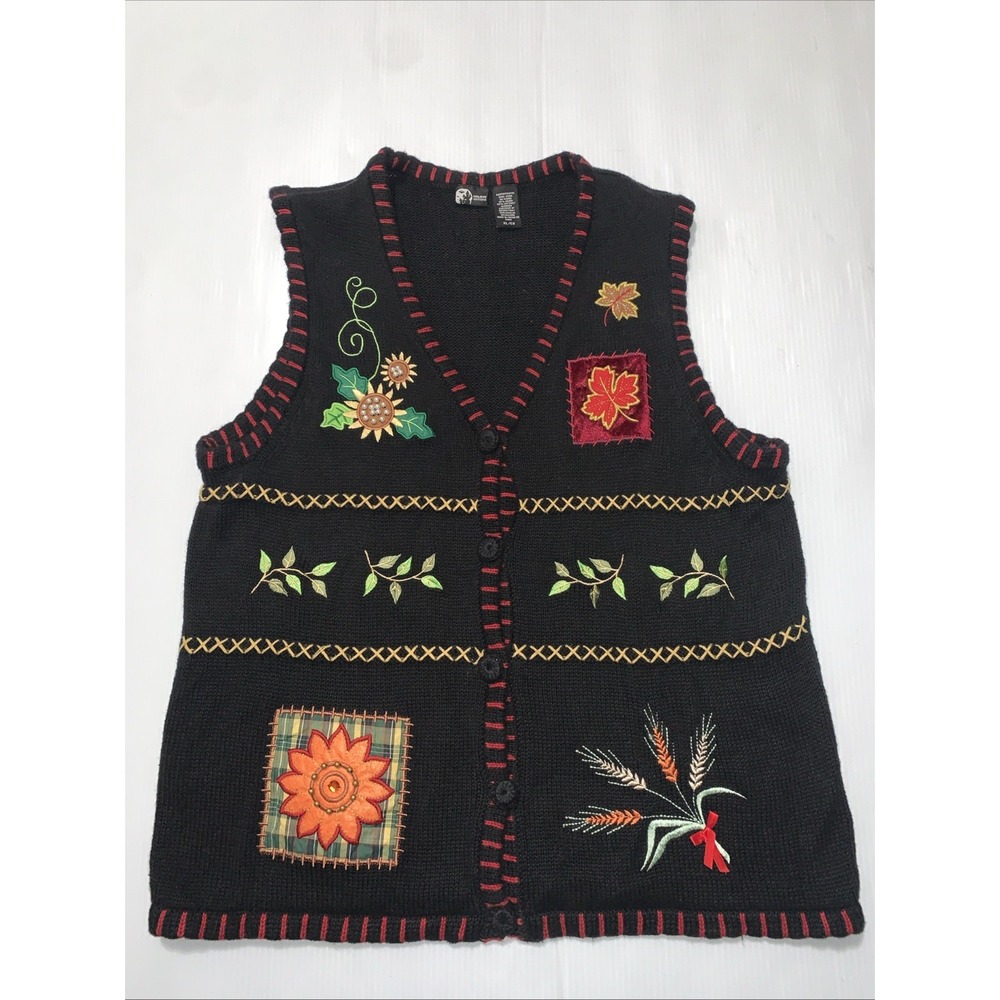 Holiday Editions Fall Harvest Knit Black Sweater Vest Women's XL Thanksgiving